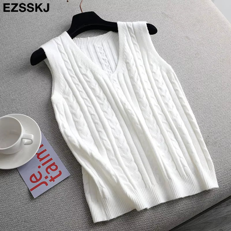 Spring Sweater Vest Women V-Neck Sweater Tank Top Female Casual Sweater Sleeveless Twist Knit Sweater Pullovers