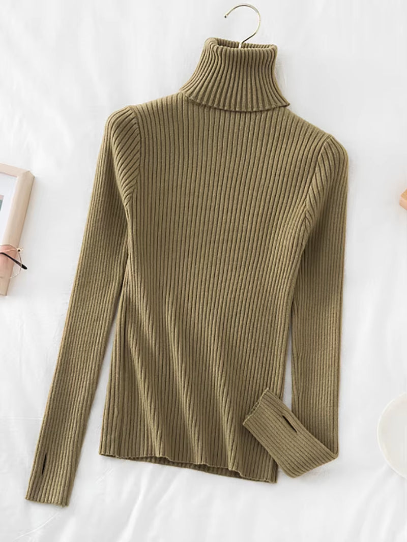 2024 Warm Thick Autumn Winter Women Sweater Pullover Basic Ribbed Sweaters Cotton Tops Knitted Solid Turtleneck with Thumb Hole