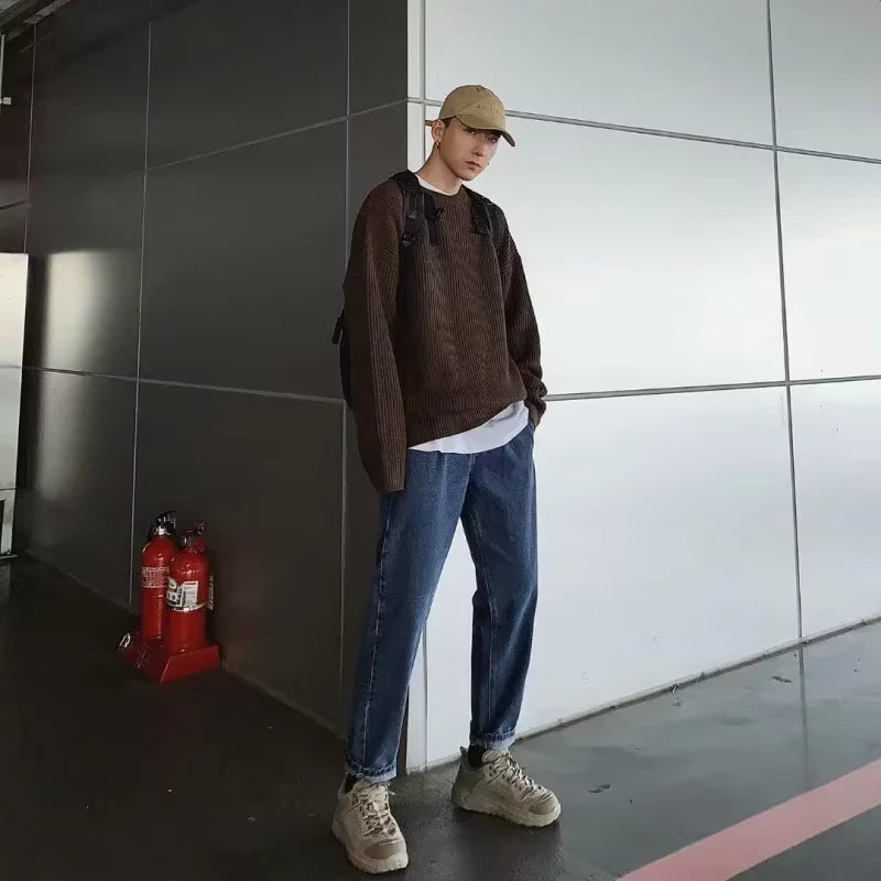 Korean Fashion Sweaters Men Autumn Solid Color Wool Sweaters Slim Fit Men Street Wear Mens Clothes Knitted Sweater Men Pullovers