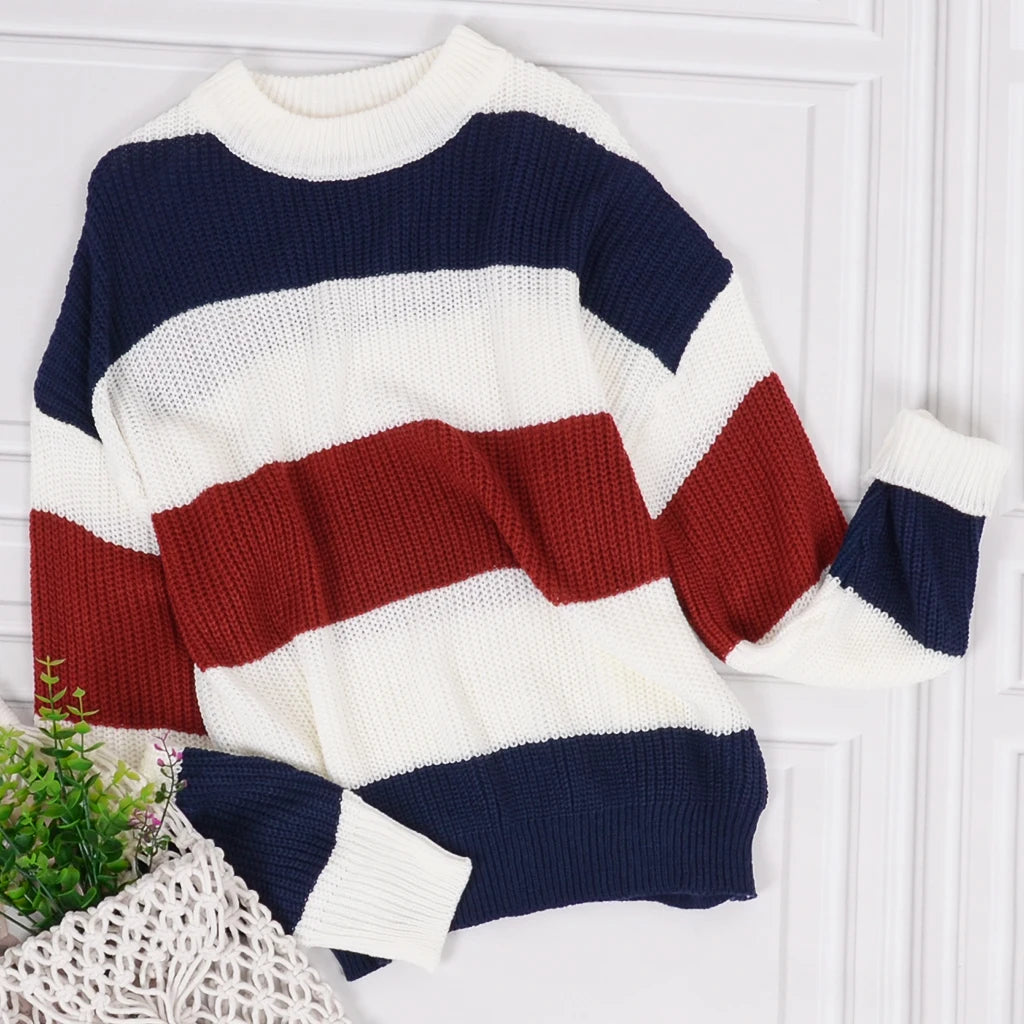 Striped Sweater Women Casual Loose Pullover O-Neck All-Match Knitted Top Jumper Fall Long Sleeve Chic Knit Sweaters