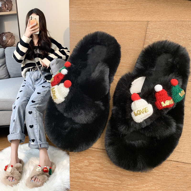 Christmas Hat Fluffy Slippers Women's Warm Toe Covering Cotton Slippers