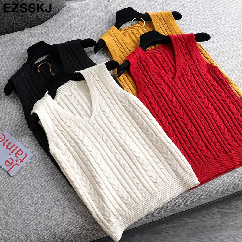 Spring Sweater Vest Women V-Neck Sweater Tank Top Female Casual Sweater Sleeveless Twist Knit Sweater Pullovers