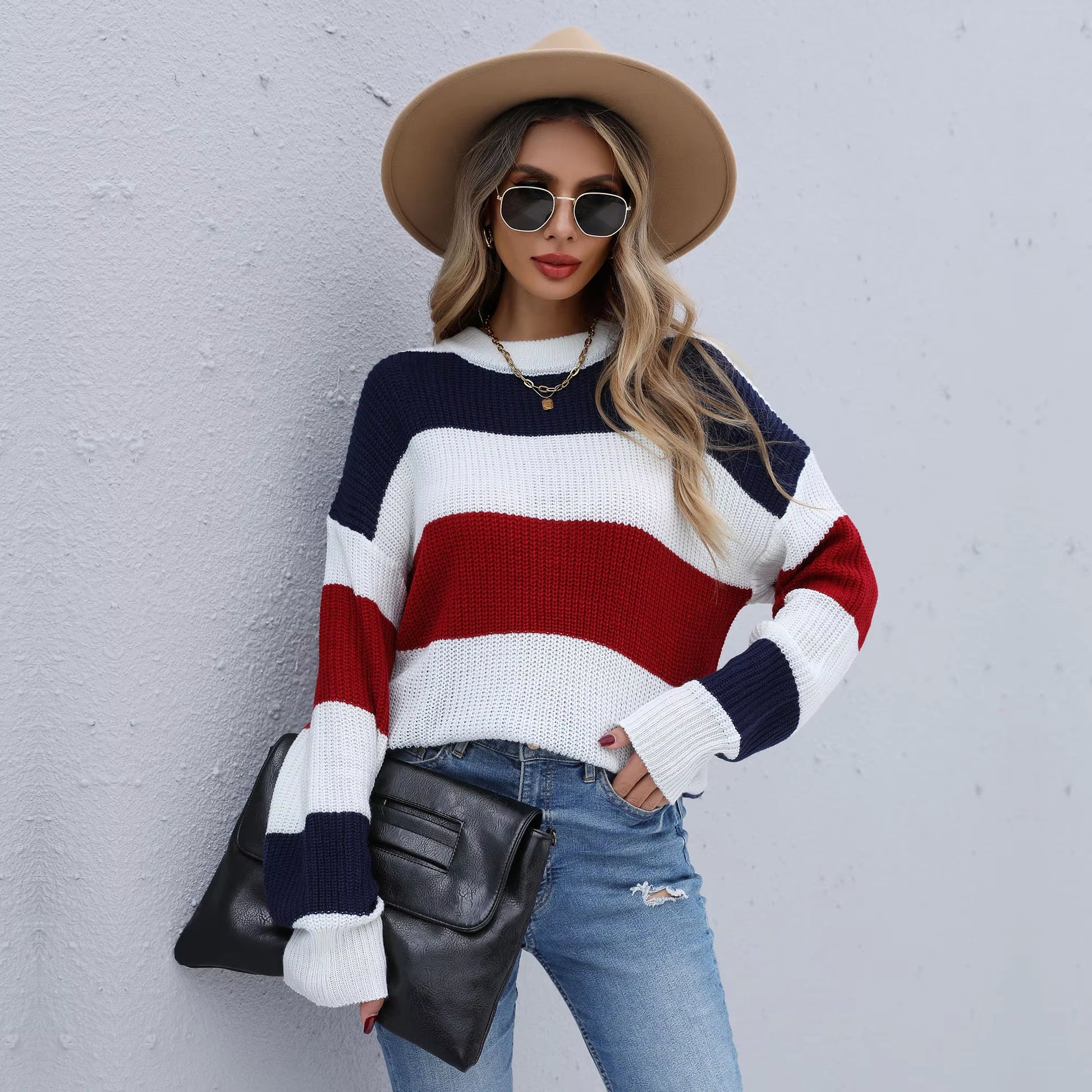 Striped Sweater Women Casual Loose Pullover O-Neck All-Match Knitted Top Jumper Fall Long Sleeve Chic Knit Sweaters