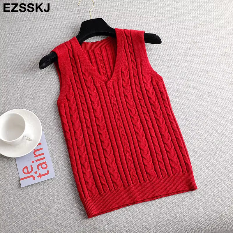 Spring Sweater Vest Women V-Neck Sweater Tank Top Female Casual Sweater Sleeveless Twist Knit Sweater Pullovers