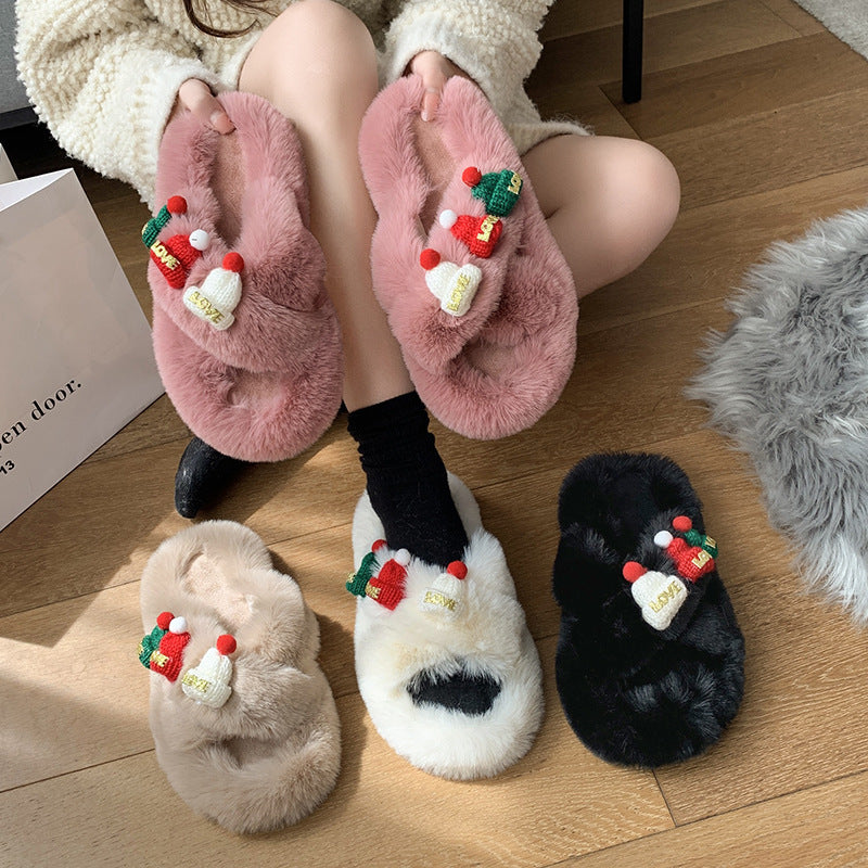 Christmas Hat Fluffy Slippers Women's Warm Toe Covering Cotton Slippers