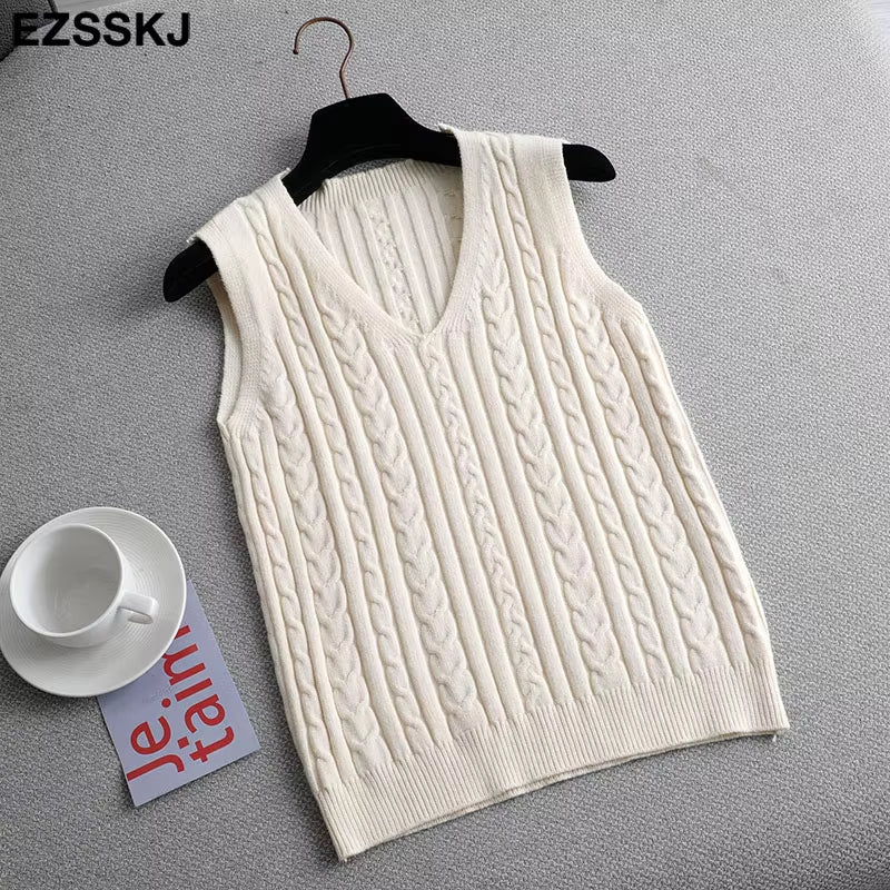 Spring Sweater Vest Women V-Neck Sweater Tank Top Female Casual Sweater Sleeveless Twist Knit Sweater Pullovers