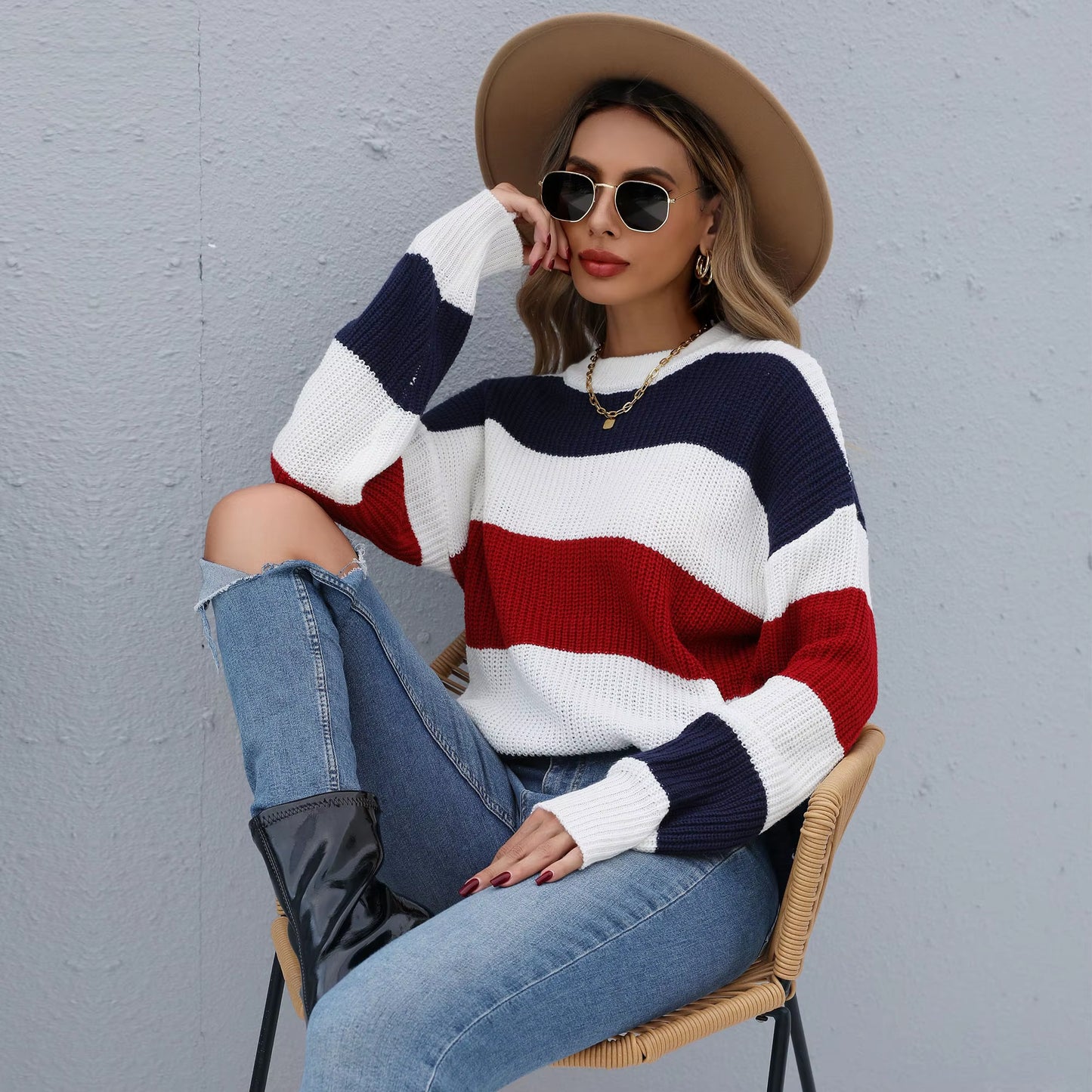 Striped Sweater Women Casual Loose Pullover O-Neck All-Match Knitted Top Jumper Fall Long Sleeve Chic Knit Sweaters