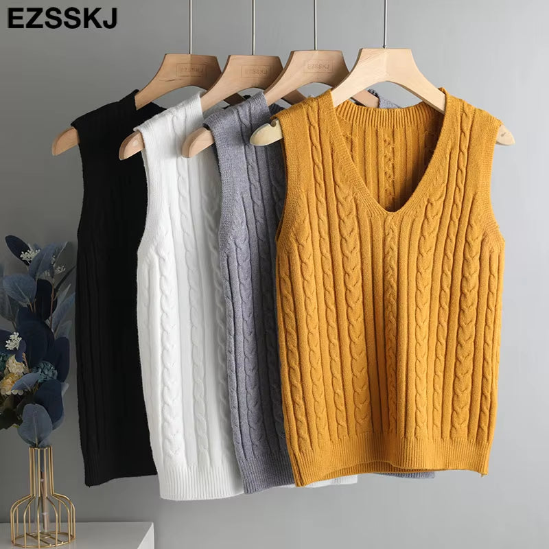 Spring Sweater Vest Women V-Neck Sweater Tank Top Female Casual Sweater Sleeveless Twist Knit Sweater Pullovers