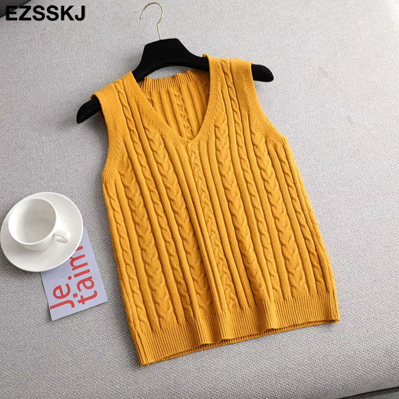 Spring Sweater Vest Women V-Neck Sweater Tank Top Female Casual Sweater Sleeveless Twist Knit Sweater Pullovers