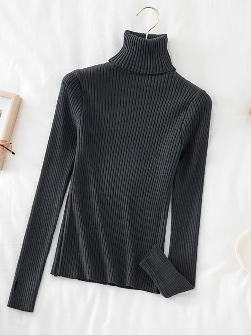 2024 Warm Thick Autumn Winter Women Sweater Pullover Basic Ribbed Sweaters Cotton Tops Knitted Solid Turtleneck with Thumb Hole