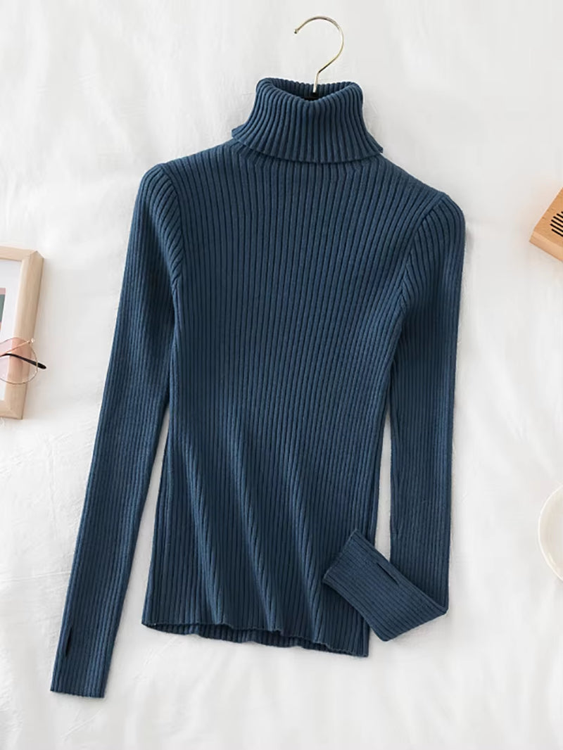 2024 Warm Thick Autumn Winter Women Sweater Pullover Basic Ribbed Sweaters Cotton Tops Knitted Solid Turtleneck with Thumb Hole