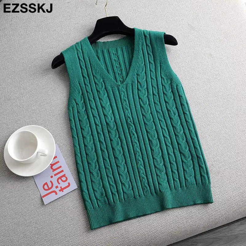 Spring Sweater Vest Women V-Neck Sweater Tank Top Female Casual Sweater Sleeveless Twist Knit Sweater Pullovers