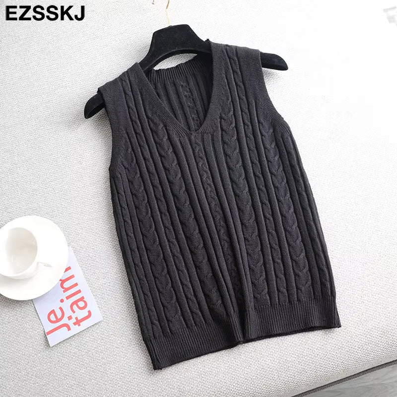 Spring Sweater Vest Women V-Neck Sweater Tank Top Female Casual Sweater Sleeveless Twist Knit Sweater Pullovers