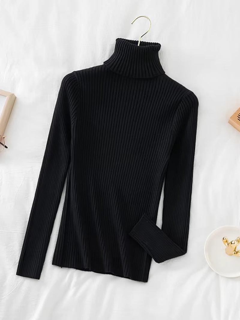 2024 Warm Thick Autumn Winter Women Sweater Pullover Basic Ribbed Sweaters Cotton Tops Knitted Solid Turtleneck with Thumb Hole