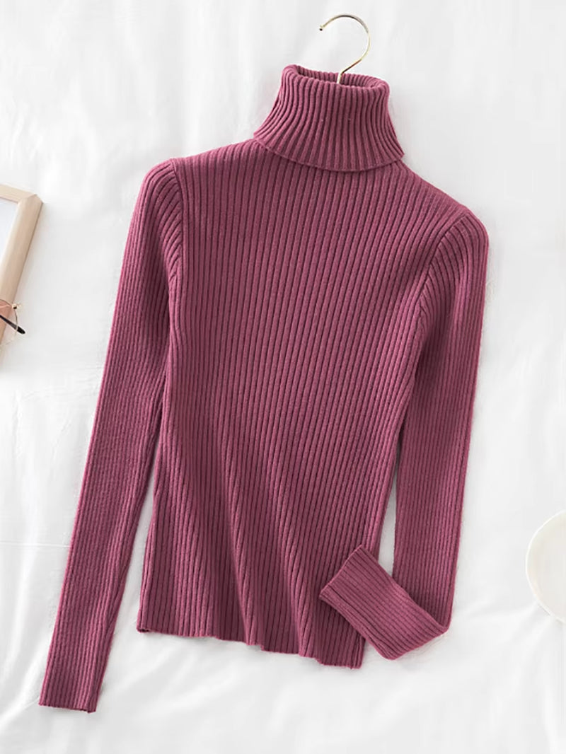 2024 Warm Thick Autumn Winter Women Sweater Pullover Basic Ribbed Sweaters Cotton Tops Knitted Solid Turtleneck with Thumb Hole