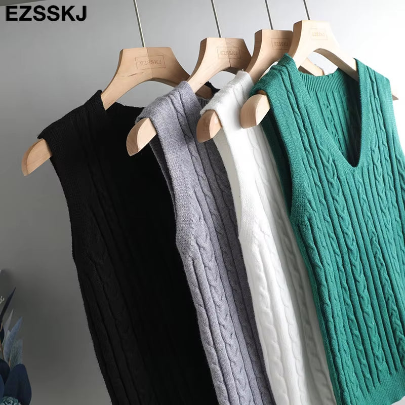 Spring Sweater Vest Women V-Neck Sweater Tank Top Female Casual Sweater Sleeveless Twist Knit Sweater Pullovers