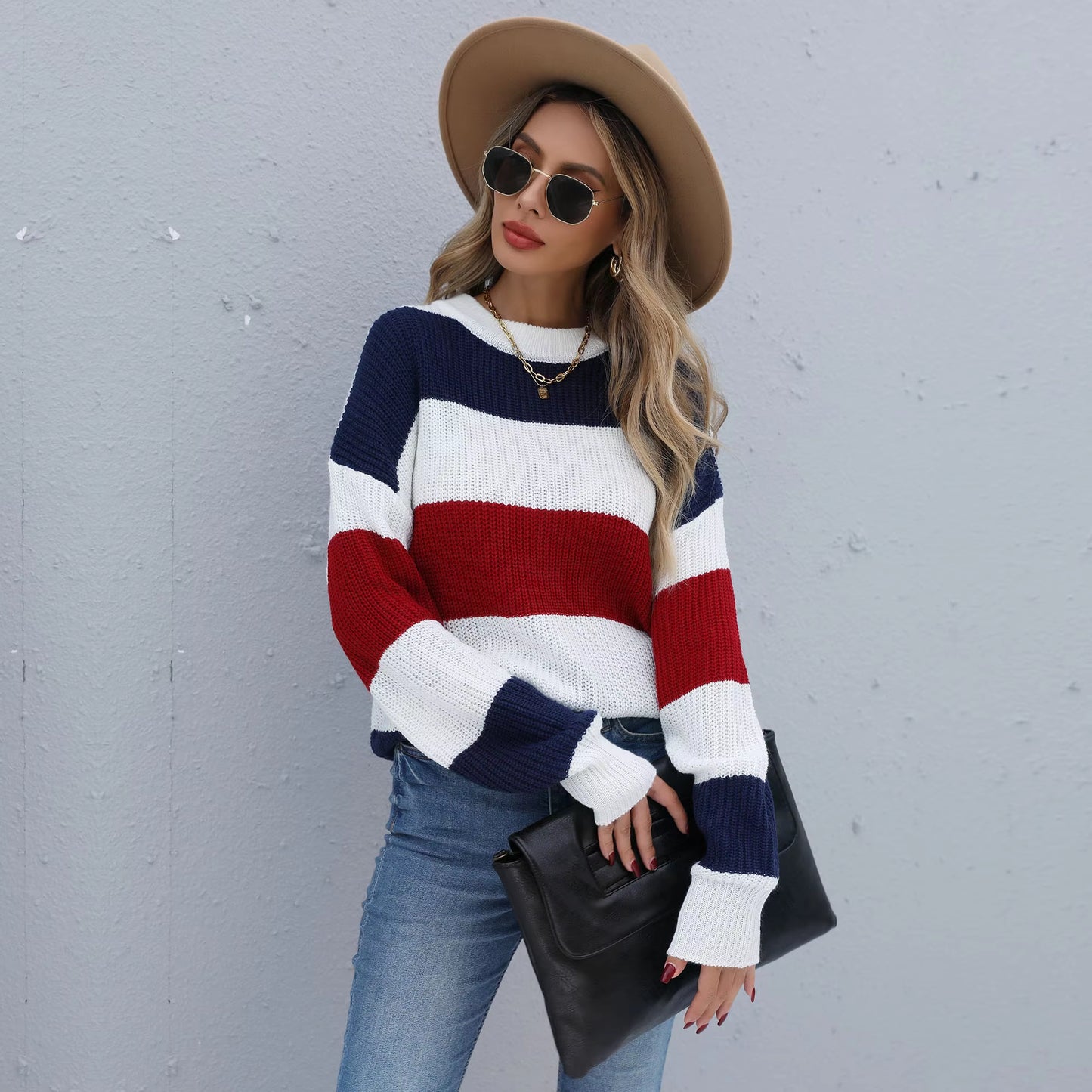 Striped Sweater Women Casual Loose Pullover O-Neck All-Match Knitted Top Jumper Fall Long Sleeve Chic Knit Sweaters