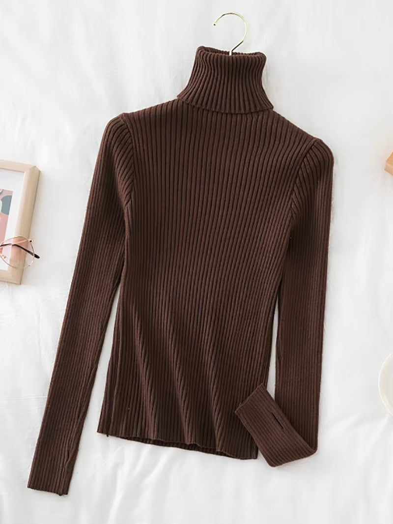 2024 Warm Thick Autumn Winter Women Sweater Pullover Basic Ribbed Sweaters Cotton Tops Knitted Solid Turtleneck with Thumb Hole