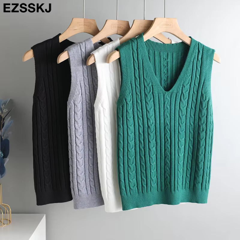 Spring Sweater Vest Women V-Neck Sweater Tank Top Female Casual Sweater Sleeveless Twist Knit Sweater Pullovers