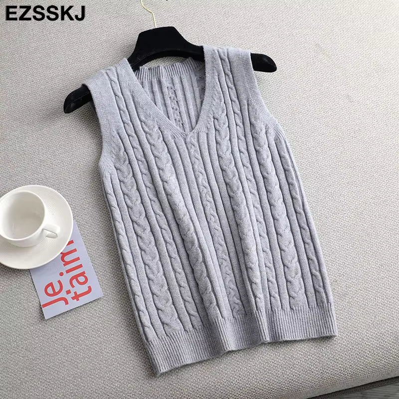 Spring Sweater Vest Women V-Neck Sweater Tank Top Female Casual Sweater Sleeveless Twist Knit Sweater Pullovers